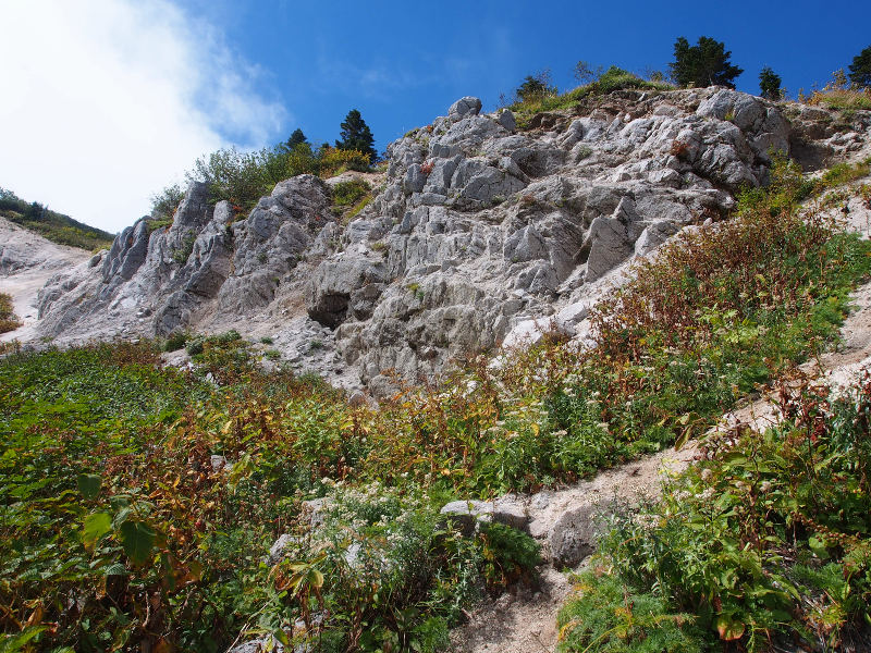 脆い花崗岩の岩峰の砂地