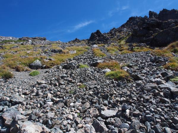 砂礫と岩礫とが混じる滑りやすい登山道