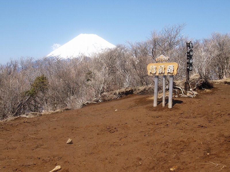 越前岳(愛鷹山）山頂から雪を頂いた富士山