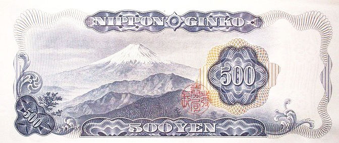 五百円紙幣の裏面に描かれた富士山の右手前に三ッ峠山