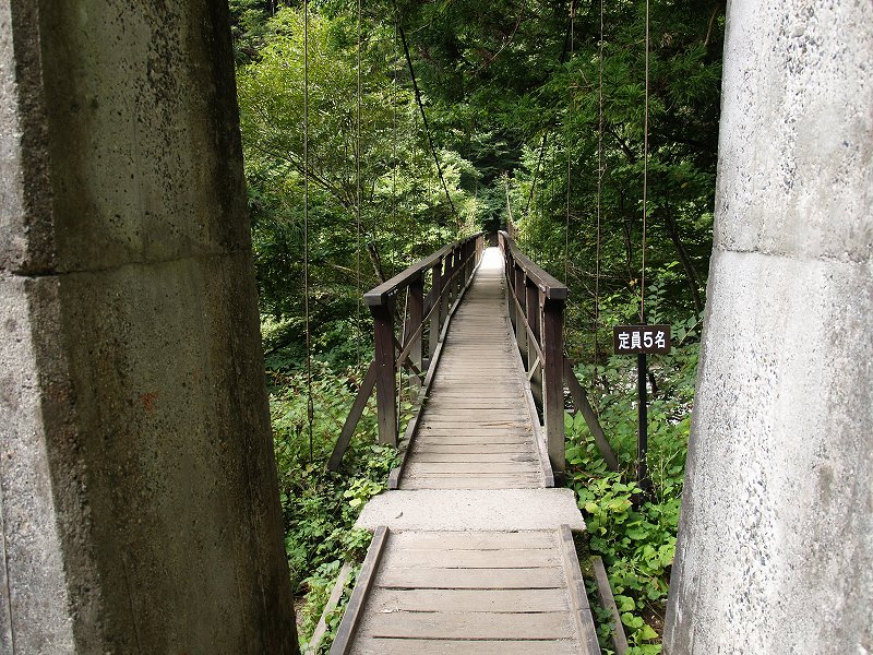 尾白川渓谷に架かるつり橋を渡る