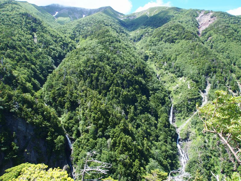 岩頭滝見台。登山道から10メートルほど迫り出した岩の先端部から聖沢を挟んでの眺望です。奥聖岳と前聖岳の下部に刻まれた二本の沢に流れ落ちる細長い滝が美しく見えています。