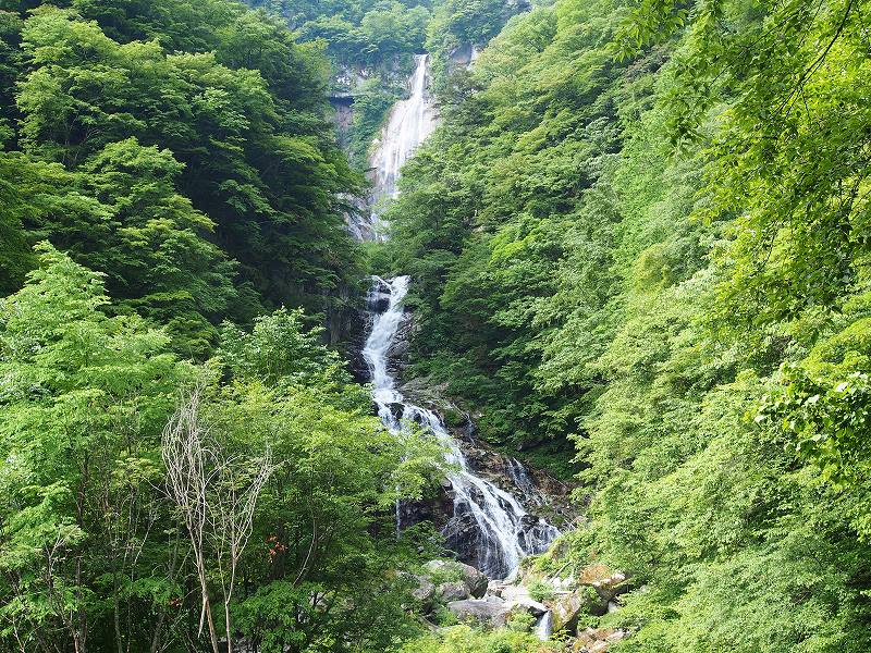 滝見台から上段の精進ヶ滝と下段の九段の滝を写す。精進ヶ滝は、標高約1400m地点に流れ落ちる東日本最大の落差121mの巨瀑です。

整備された登山道はここまでですが、精進ヶ滝の滝壺へはペンキマークなどもあり行くことが出来るようです。