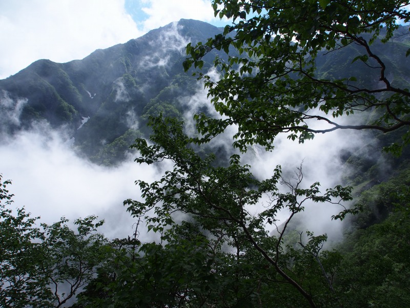 赤石沢の支流である北沢に雲が湧き、その上に赤石岳が姿を現します。