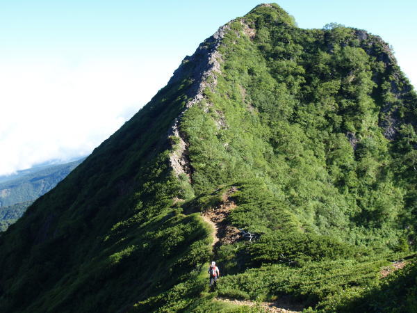 旭岳へ登り返します。稜線の上の方は岩場になっているのが確認できます。旭岳の山頂直下で左手側にトラバースしていきます。