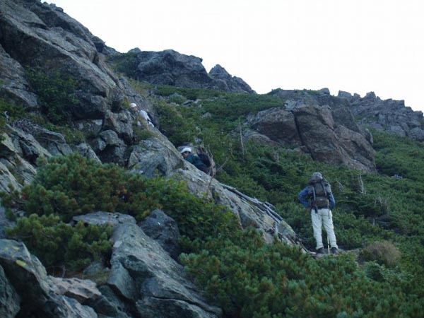 ハイマツ帯から露岩帯に入ります。天狗岩の基部を右手側から巻く様に岩登りが始まります。