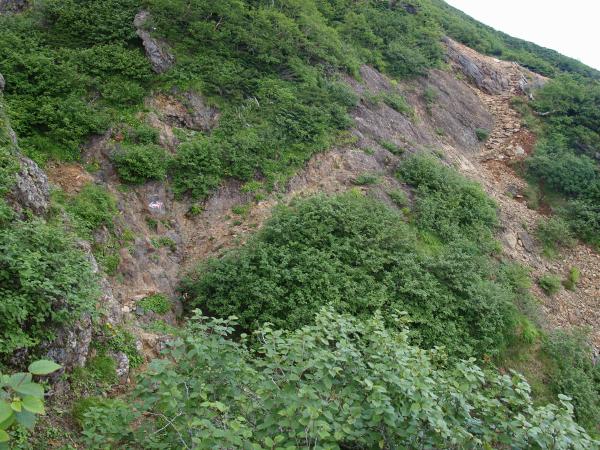 登り返した所からトラバース区間を振り返る。トラバースの始まり部分に石の階段が見えています。