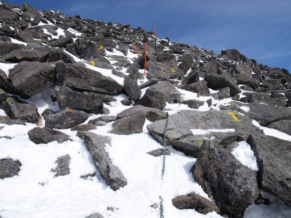 鎖が設置されていますが、傾斜は１５度ほどと緩く鎖を必要としません。年によっては岩が完全に雪に覆われている場合もあるでしょうが、ポールが立っているのでルートを見失うことはないでしょう。