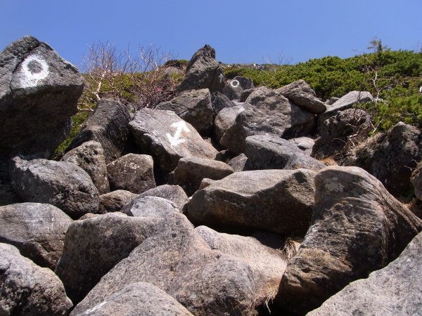 火山による大きな岩がゴロゴロしている所を登ります。