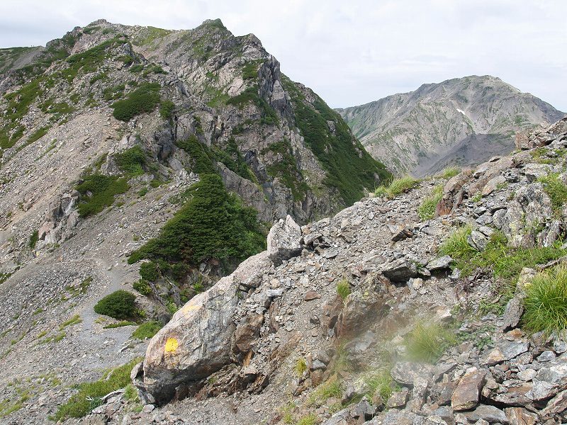 前の写真の登りきった所から撮影。正面の岩稜は左から巻きます。右奥には間ノ岳が見えています。