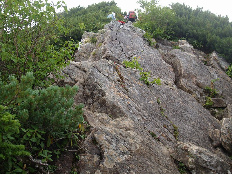 ２枚前の写真の登山者がいた所です。約傾斜３５度の岩場ですが、ホールドは豊富にあり難なく登れます。