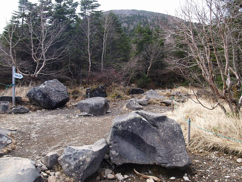 蓼科山荘から大きい岩がごろごろした所を登ります。標高差170メートルを2、30分で山頂です。奥に見えるドーム型の山容をしているのが蓼科山です。
