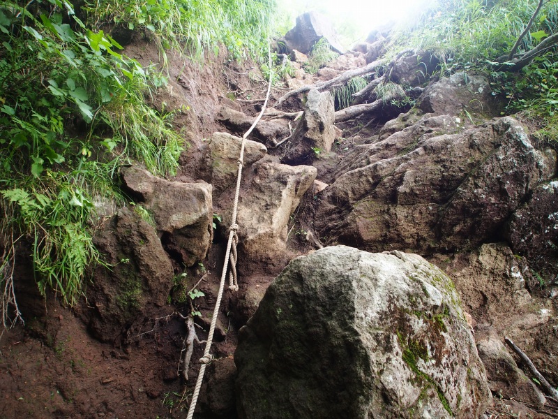 急斜面の3ヶ所にロープ