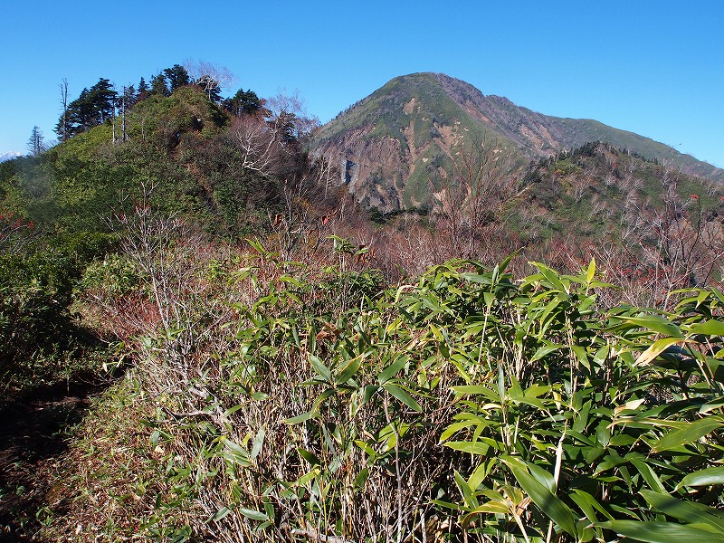 六弥勒の弥勒尾根新道コース分岐から高妻山を写す